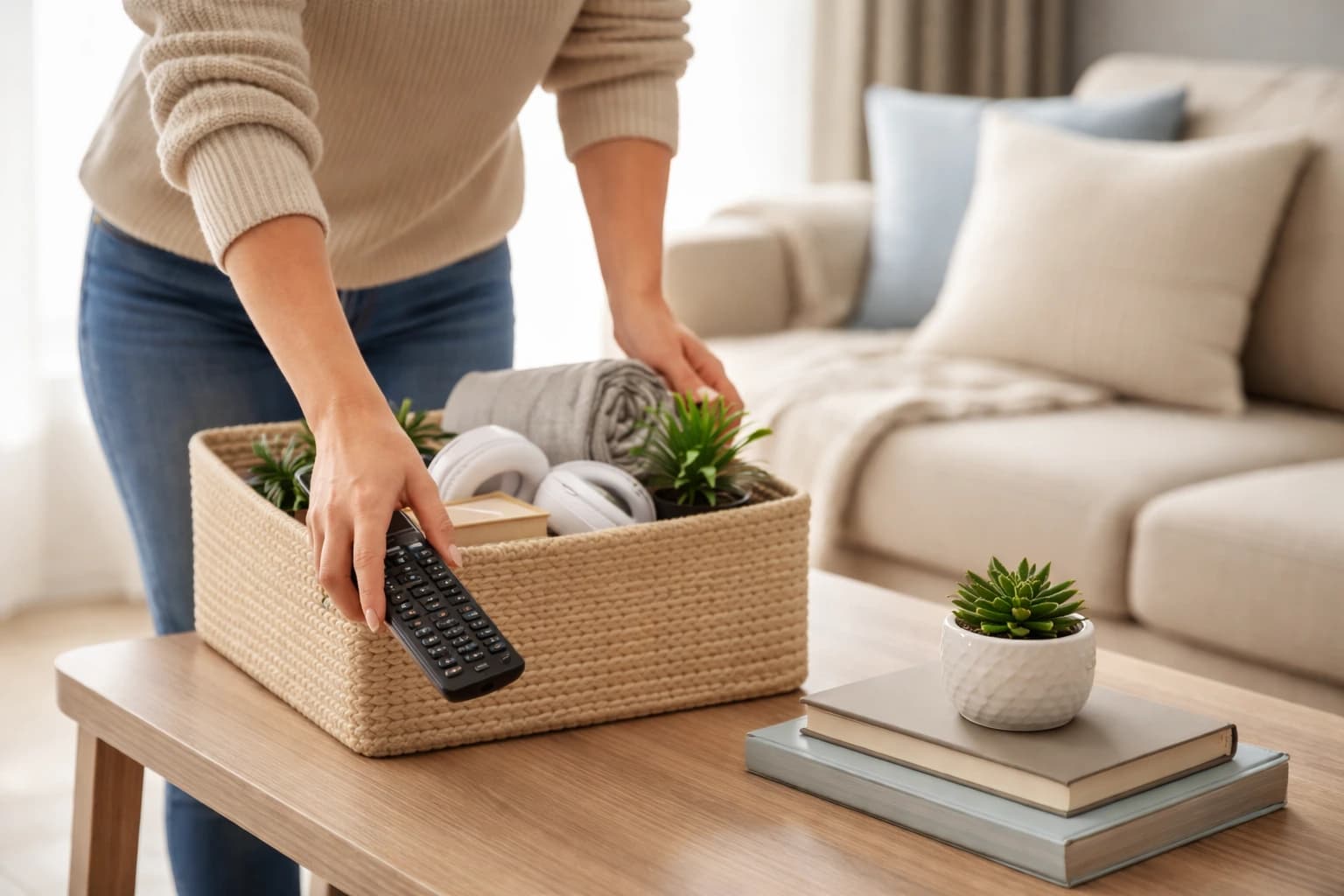 Neatly arranged and tidied living space.